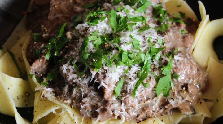15 minute Pulled Beef & Three Mushroom Pasta