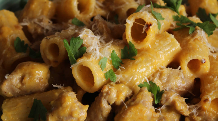 Butternut Pumpkin Pasta with Pork, Fennel & Chilli Sausage