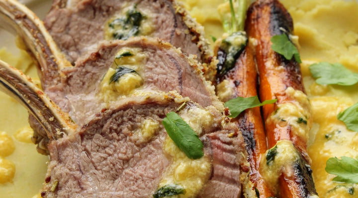 Crumbed Lamb Rack, Kumara, Carrots & Lemon Butter Sauce